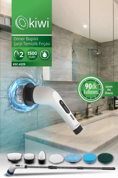 Kiwi Ksc-4229 Şarjlı Döner Başlıklı Temizlik Fırçası 7 Başlıklı Uzatma Çubukl...