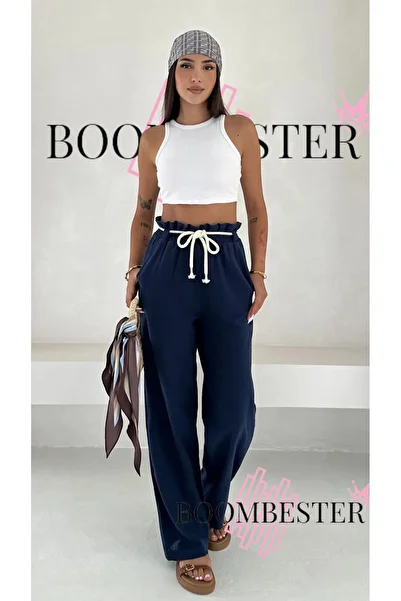 BoomBester Women's Crinkle Fabric Wide Leg Relaxed Fit Palazzo Pants with Rope Belt Elastic Waist