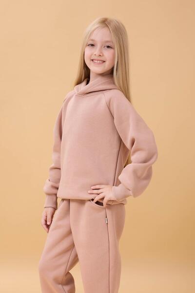 Perendi Reglan Kol Kapüşonlu İçi Polarlı Unisex Çocuk Takım Kahverengi