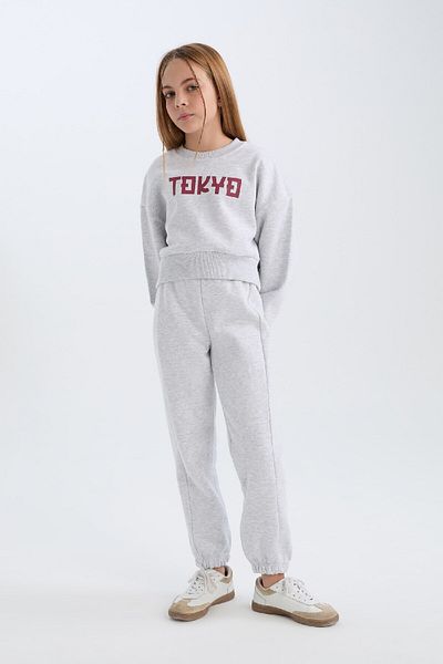 DeFacto Set de 2 piese pentru fete, hanorac imprimat, pantaloni de sport pentru jogger cu talie elastică D4867A824WN