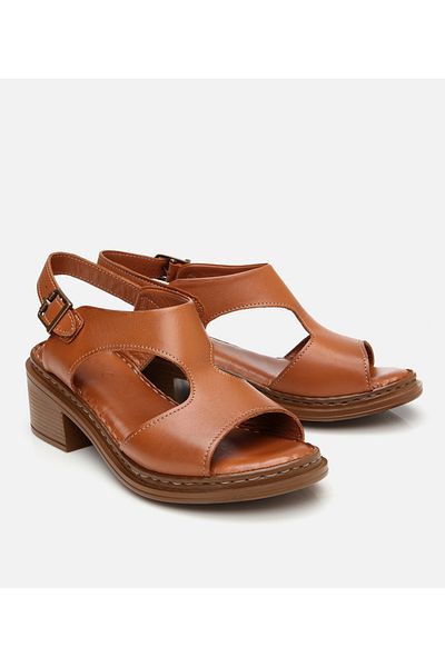 Hotiç Women's Leather Tan Belted Comfortable Heeled Sandals