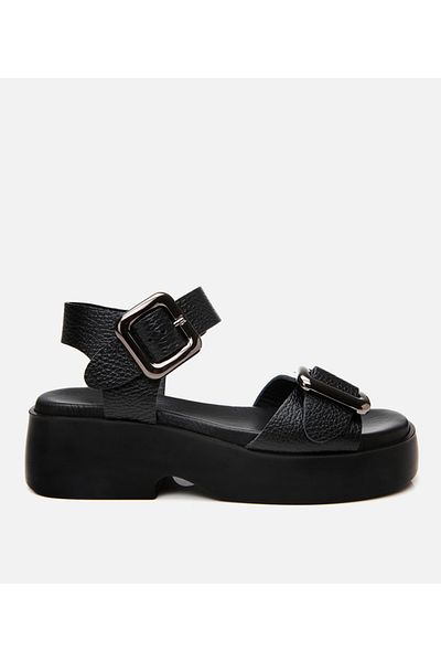Hotiç Women's Leather Black Belted Wedge Heeled Sandals