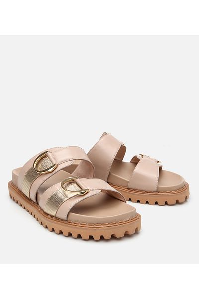 Hotiç Women's Leather Beige Buckle Flat Slippers