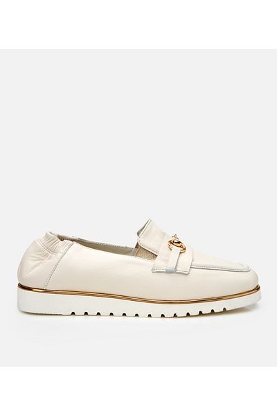 Hotiç Women's Leather Ecru Rubber Detailed Buckle Casual Loafer