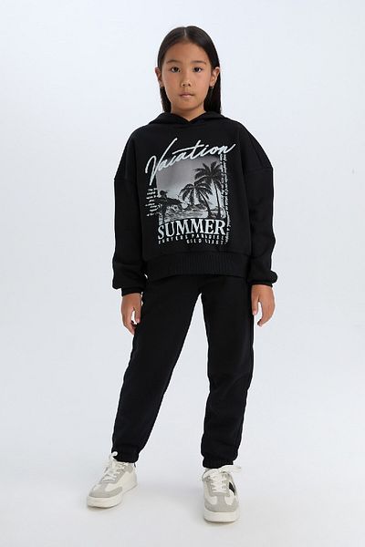 DeFacto Girl's 2-Piece Set Hooded Printed Sweatshirt Elastic Waist Jogger Bottom D2219A824Wn