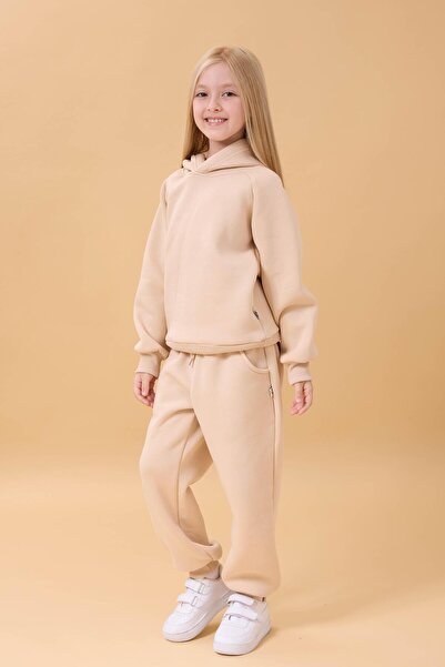 Perendi Unisex Children's Suit Beige with Raglan Sleeves and Hooded Fleece Inside