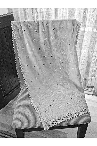 Mufincollection Cream Color 100% Cotton - Embroidered Muslin Shoulder Shawl – 55X140 cm