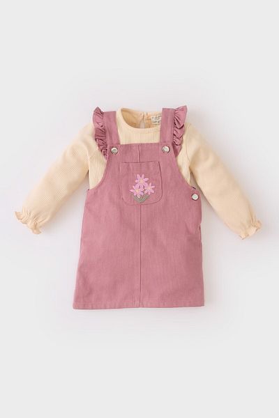 DeFacto Baby Mädchen 2-teiliges Set Rundhalsausschnitt Langarm Top Blumen Salopet Kleid D7251A524WN