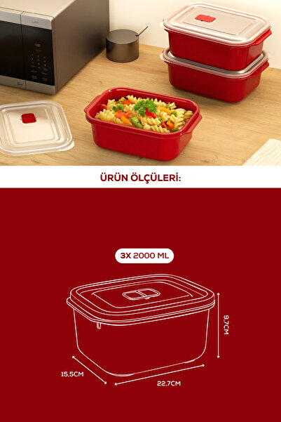 Vienev Set of 3 Rectangular Storage Containers with Lids Suitable for Microwave - 2000 ml