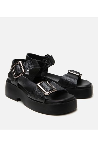 Hotiç Women's Leather Black Belted Wedge Heeled Sandals