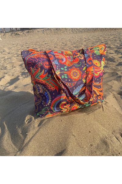 MER HOME Ethnic Shawl Patterned Zippered Lined Beach Bag Daily Shoulder Bag