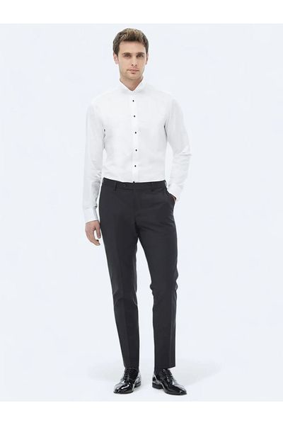 Kip White Slim Fit Tuxedo - Απλό κόψιμο, Διπλή μανσέτα, Πουκάμισο με λαιμόκοψη