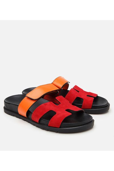 Hotiç Women's Leather Red Adjustable Flat Slippers