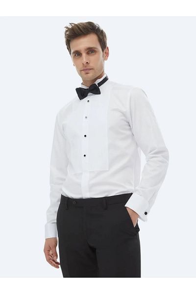 Kip White Slim Fit Tuxedo - Απλό κόψιμο, Διπλή μανσέτα, Πουκάμισο με λαιμόκοψη