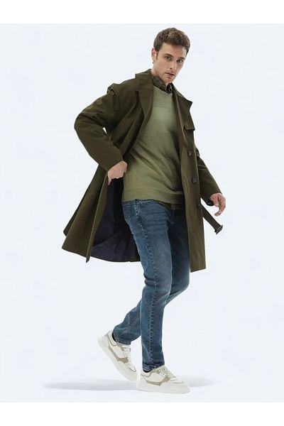 Kip Khaki Oversize Fit Double Breasted Collar Casual Woven Overcoat