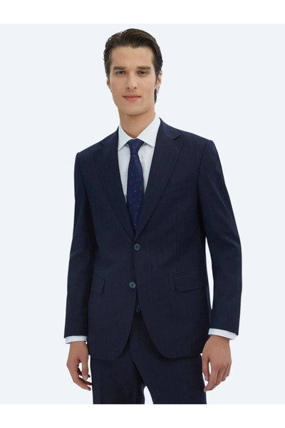 Kip Lacivert Çizgili Modern Fit Yün Karışımlı Takım Elbise