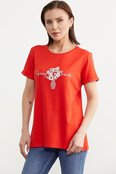 Sementa Coral Color Floral Printed Regular Fit T-Shirt