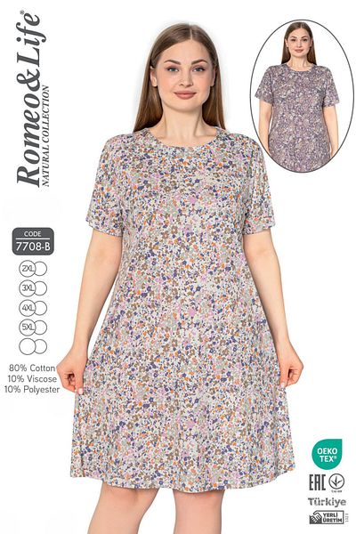 ROMEO LİFE Rochie de vară cu imprimeu din țesătură de bumbac de mărime mare pentru femei 7708-B