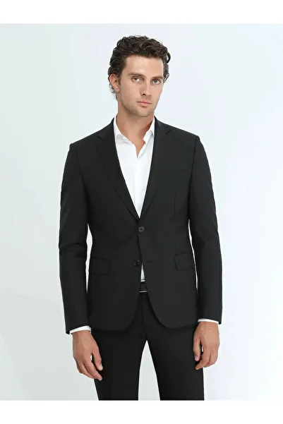 Kip Black Plain Modern Fit Wool Blend Suit