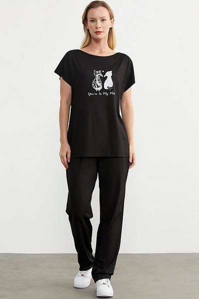 Sementa Set de bluze și pantaloni din bumbac pieptănat cu imprimeu negru