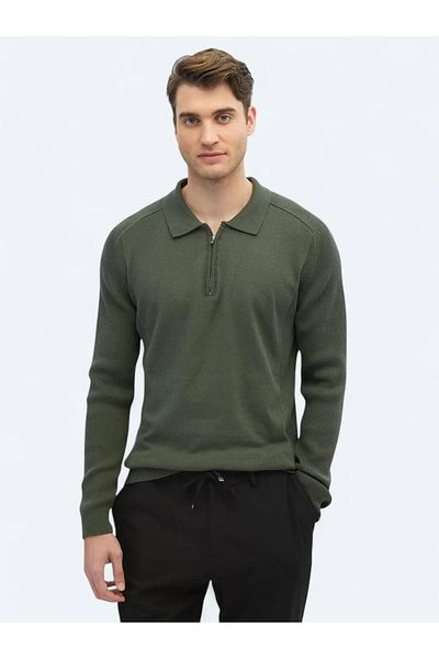 Kip Pulover din tricotaje din amestec de bumbac jacquard cu gât polo verde