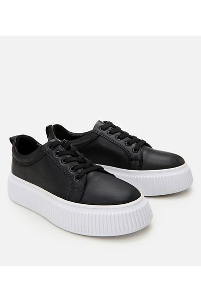 Hotiç Women's Leather Black White Thick Soled Sports Shoes
