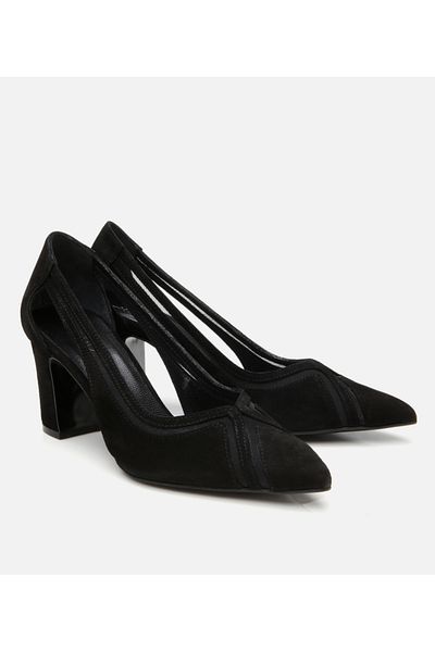 Hotiç Pantofi de damă din piele intoarsa neagra cu toc gros detaliat transparent