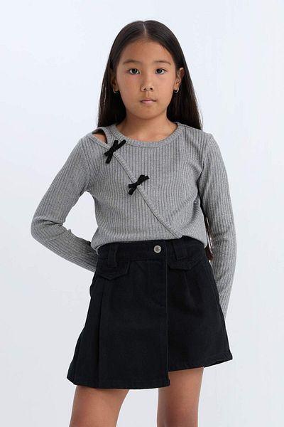 DeFacto Girls Slim Fit Slim Fit Crew Neck Bow Tie Ribbed Camisole Long Sleeve T-Shirt D5456A824Wn