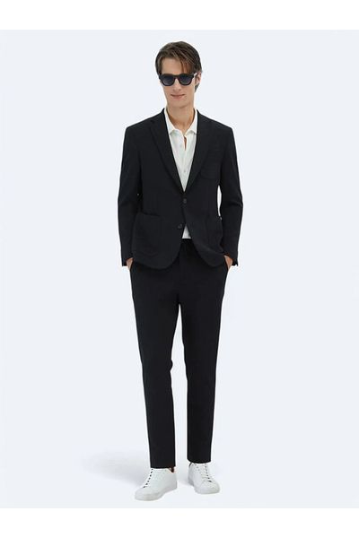 Kip Black Plain Fitted Fit Knitted Suit