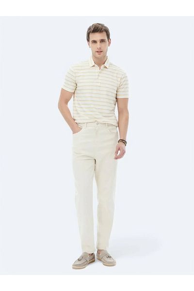 Kip Tricou din amestec de bumbac cu guler polo cu dungi ecru