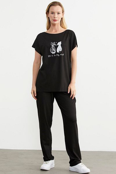 Sementa Set de bluze și pantaloni din bumbac pieptănat cu imprimeu negru