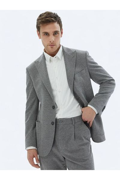 Kip Modern Fit Gray Patterned Cotton Blended Knitted Suit