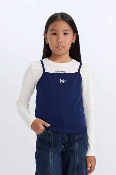 DeFacto Girls' 2-Piece Top Set Strap Top Crop Crew Neck Printed Rib Long Sleeve T-Shirt D3432A824Wn