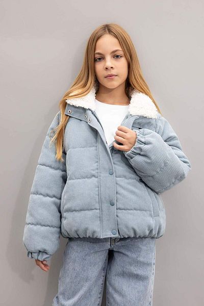 DeFacto Girl's Velvet Puffer Jacket - Faux Fur, Zip Collar, Snap Closure C5495A824Au