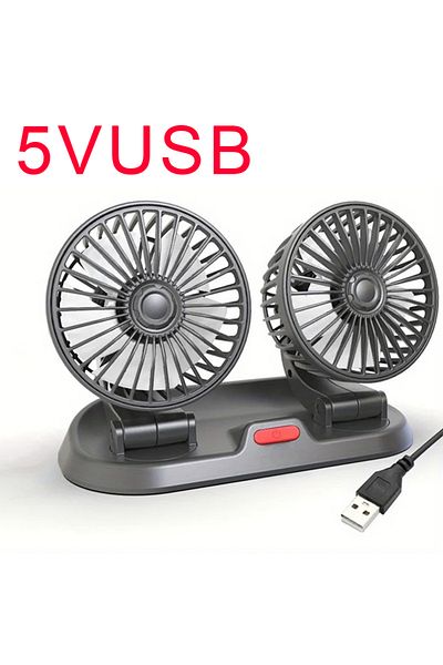 EAFC مروحة تبريد السيارة بمنفذ USB 5 فولت 5 فولت 12 فولت 24 فولت، مروحة هواء مزدوجة الرأس قابلة للتعديل بزاوية 360 درجة، مزودة بمنفذ USB بسرعتين، كهربائية للسيارات