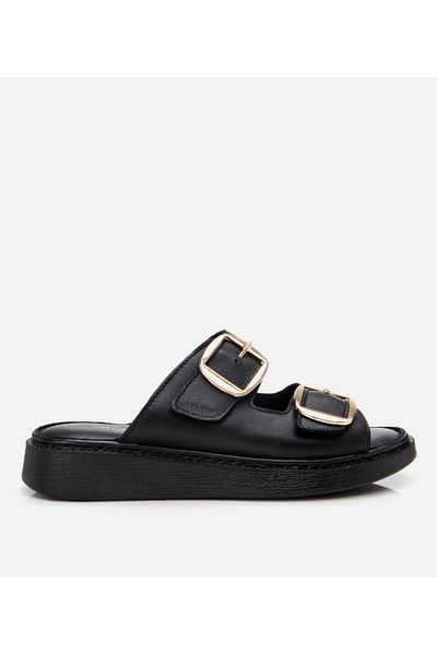 Hotiç Women's Leather Black Belted Flat Slippers