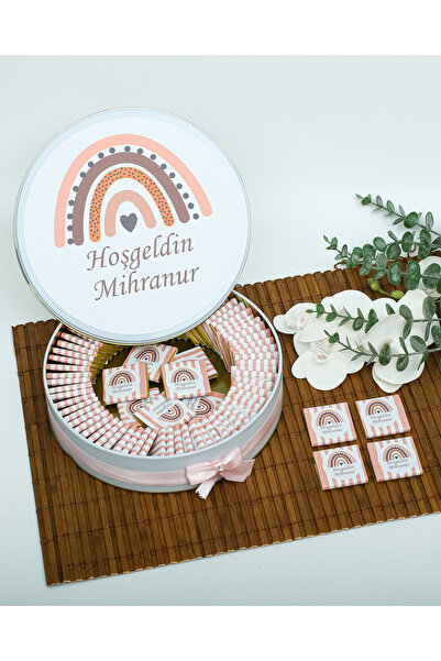 BUGİTO 100 Adet Pudra Gökkuşağı Temalı İsme Özel Hoşgeldin Kız Bebek Doğum Gü...