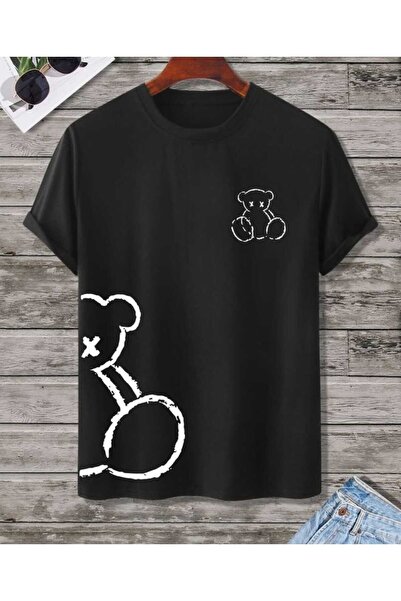 Harajuku Style تي شيرت أسود مطبوع عليه دمية دب كبيرة الحجم للجنسين