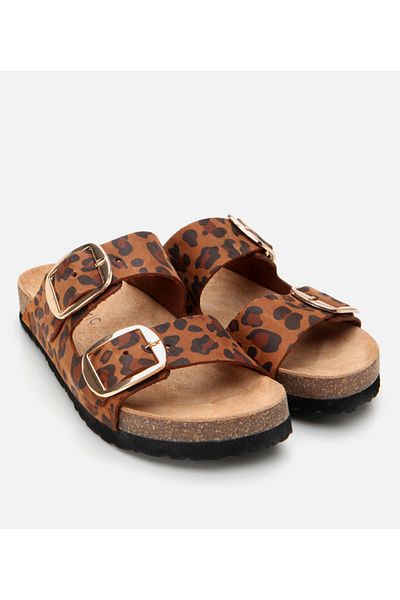 Hotiç Papuci de damă din piele de căprioară, cafeniu, cu model leopard, cu centură