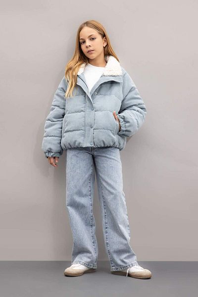 DeFacto Girl's Velvet Puffer Jacket - Faux Fur, Zip Collar, Snap Closure C5495A824Au