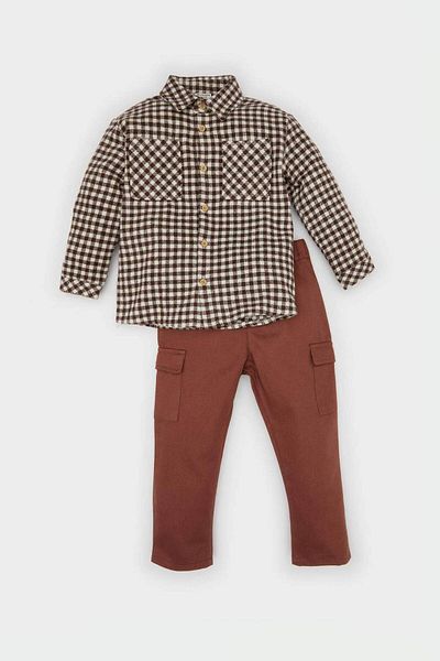 DeFacto 2-teiliges Set für Babys, Jungen, kariertes Langarmhemd mit Cargo-Taschen unten D5405A524WN