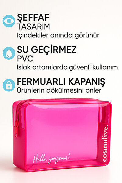 Cosmolive Şeffaf Seyahat Cilt Bakım, Makyaj ve Kozmetik Düzenleme Çantası PVC Pembe_Large