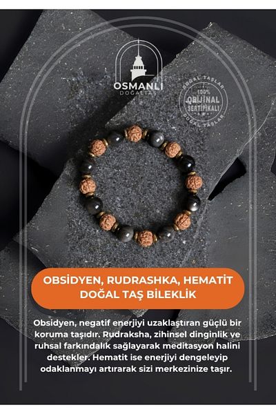 OSMANLI DOĞAL TAŞ Certified Obsidian, Rudrashka, Hematite Natural Stone Bracelet