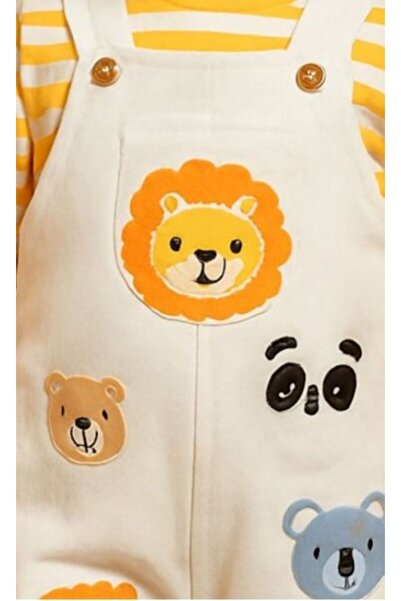 Necix's Baby Jumpsuit Salopet Set - Lion Printed Long Sleeve Striped Bodysuit Combination