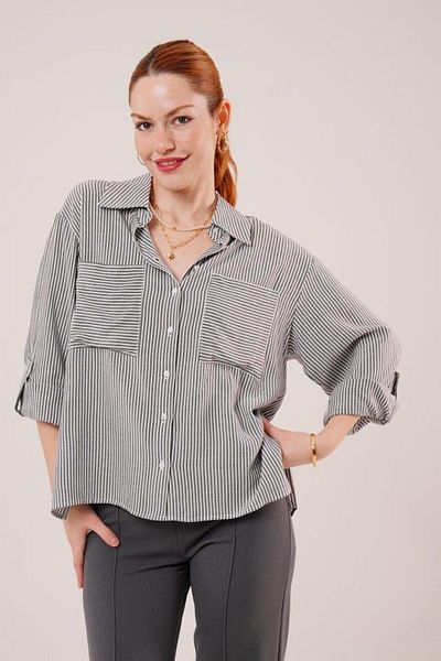 AhEs Shopping Bat Sleeve Striped Gray Shirt with Pocket Detail