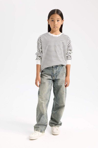 DeFacto Girl's Relax Fit Crew Neck Striped Sweatshirt D6503A8Ns