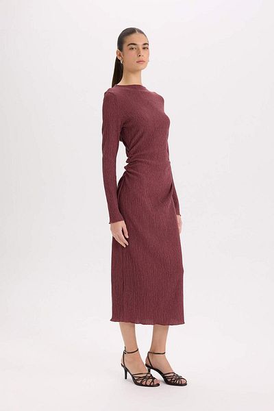 DeFacto Bordó Midi ruha - fél garbó, Bodycon Fit, hosszú ujjú, ráncos D8643AX24AU