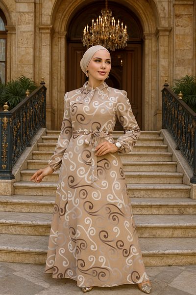 Neva Style Floral Patterned Biscuit Hijab Dress 279329 Bs