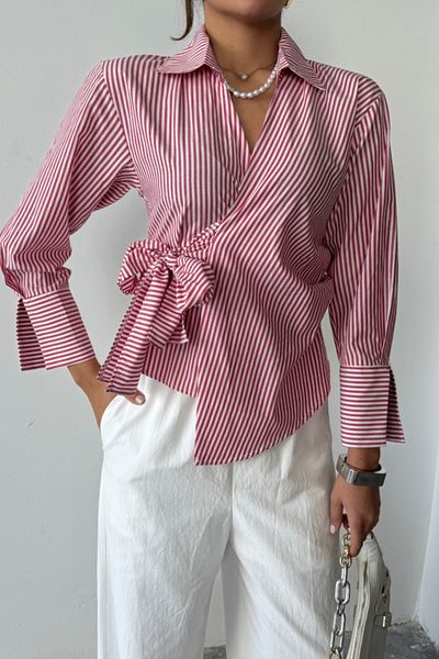 Moda Ebrar Striped Poplin Double Breasted Tie Shirt - Red