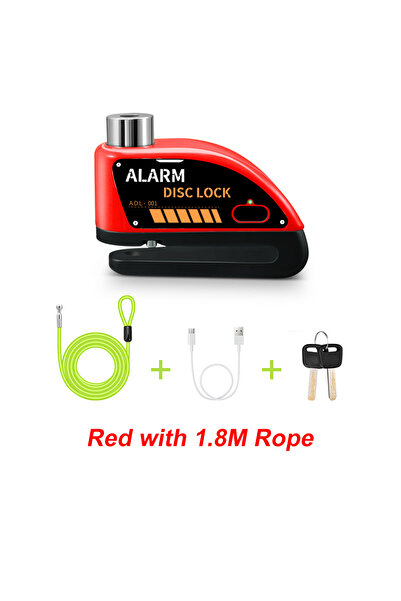 Choice Red(1.8M Rope) Anchtek Motorcycle Rechargeable Disc Lock Alarm 120db Bicycle Anti-theft Padlock Secu